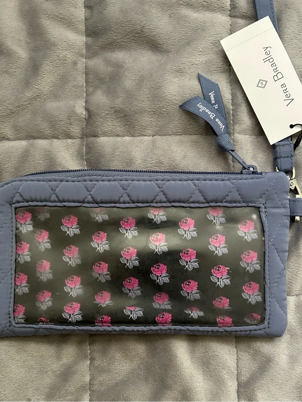 Vera Bradley Quilted Zip Wallet in Light Blue with Pink Floral Lining - Picture 2 of 5